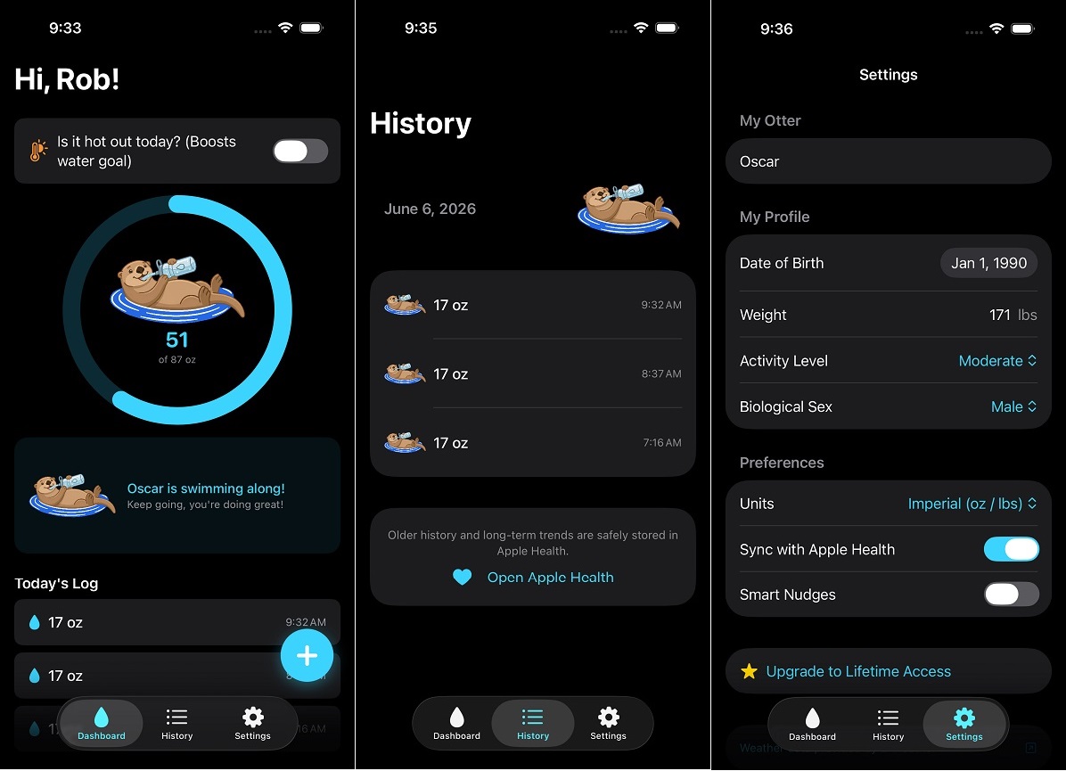 <h2>Otterly Hydrated</h2><div class='slide-content'>Fun little otter helping you to track your daily water intake.</div>